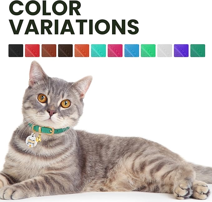 BRONZEDOG Leather Cat Collar with Removable Bells Non Breakaway Kitten QR Tag for Girl Boy (7" - 9" for Cats, Green & Gold)