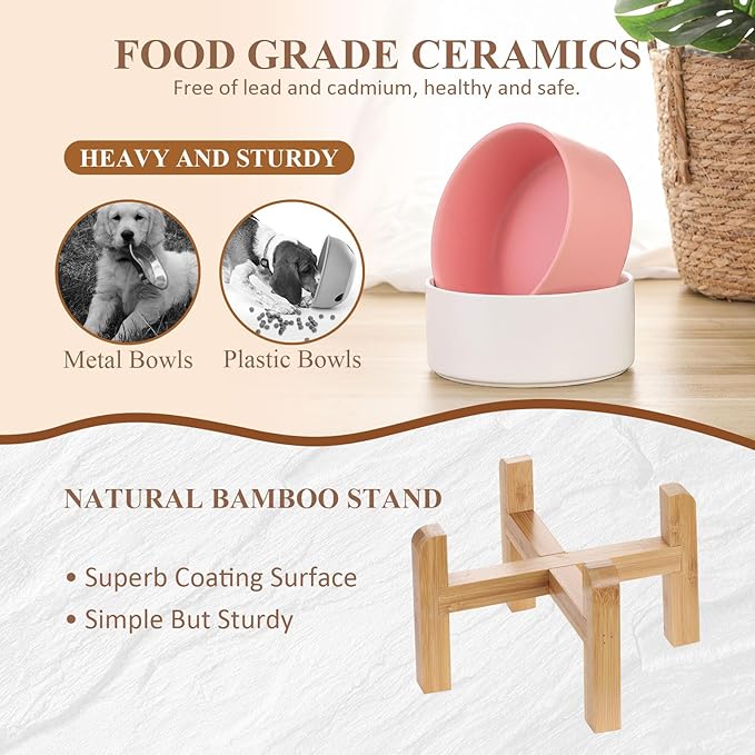 Ceramic Elevated Raised Cat Bowl with Wood Stand No Spill Pet Food Water Feeder Cats Small Dogs