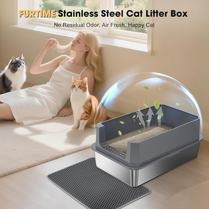 FURTIME Stainless Steel Litter Box with Lid, Large Metal Cat Litter Box for Big Cat, Large Cat Box High Sided with Non-Stick, Odor-Resistant, Anti-Urine Leakage, Easy Cleaning, Includes Scoop and Mat