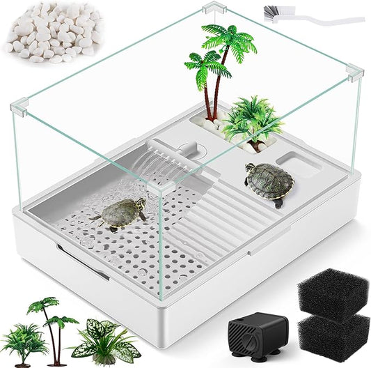 Large Turtle Tank Kit(Tank + Water Pump), Acrylic Turtle Tank Starter Kit with Two Rain Shower Head, Adjustable Water Pump, Higher Fences (S)
