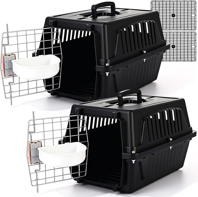 2 Set Pet Carrier for Small Dogs and Cat, Hard Shell Plastic Dog Crate with Bowl and Cooling Pad Fully Breathable Portable Kennel for Small Pet Travel Camp(Black,18.9 x 12.6 x 11.8 Inch)