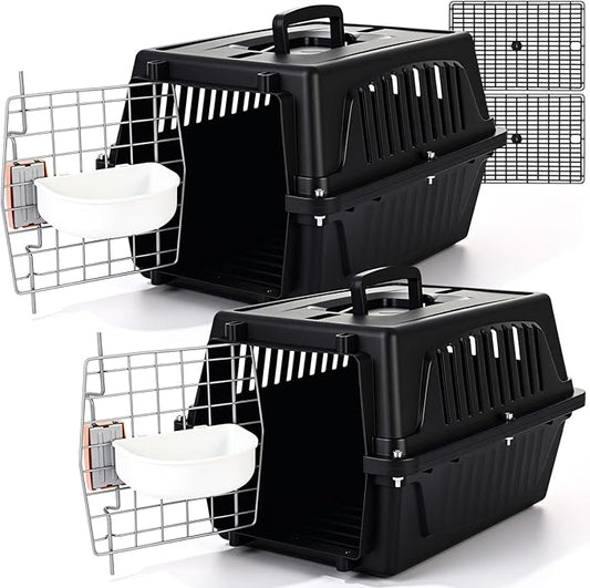 2 Set Pet Carrier for Small Dogs and Cat, Hard Shell Plastic Dog Crate with Bowl and Cooling Pad Fully Breathable Portable Kennel for Small Pet Travel Camp(Black,18.9 x 12.6 x 11.8 Inch)