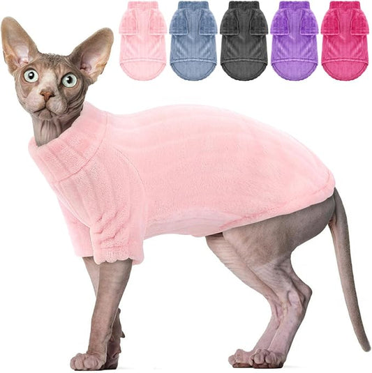 SUNFURA Sweaters for Cats, Hairless Sphynx Sweater Kitten Pullover with Sleeves, Warm and Soft Cat Pajamas Fleece Sweatshirt Jumpsuit, Turtleneck Clothes for Fall Winter, Pink S