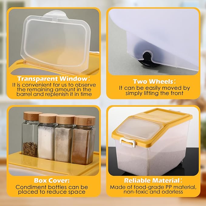 Sunnyray 4 Pcs Rice Storage Container 27.6 lb Airtight Flour Container with Wheels and Lids Measuring Cup Clear Pet Food Dog Birds Cat Food Bin Grain Cereal Organizer Box(Yellow)