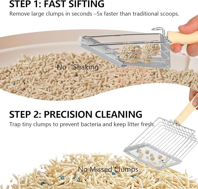 Litter Scooper, Metal Litter Scoop, Pooper Scooper with Wooden Handle, Cat Litter Scoop, Metal Scooper & Speed Sifter Deep Shovel Scoop Filter,Kitten Pooper Lifter for Litter Box