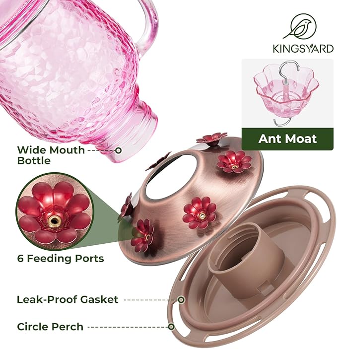 Kingsyard Glass Hummingbird Feeders for Outdoors, 16 Oz Wild Bird Feeder 6 Feeding Ports & Ant Moat Included, Hanging Bird Nectar Feeder for Garden Tree Yard Outside Decoration, Pink