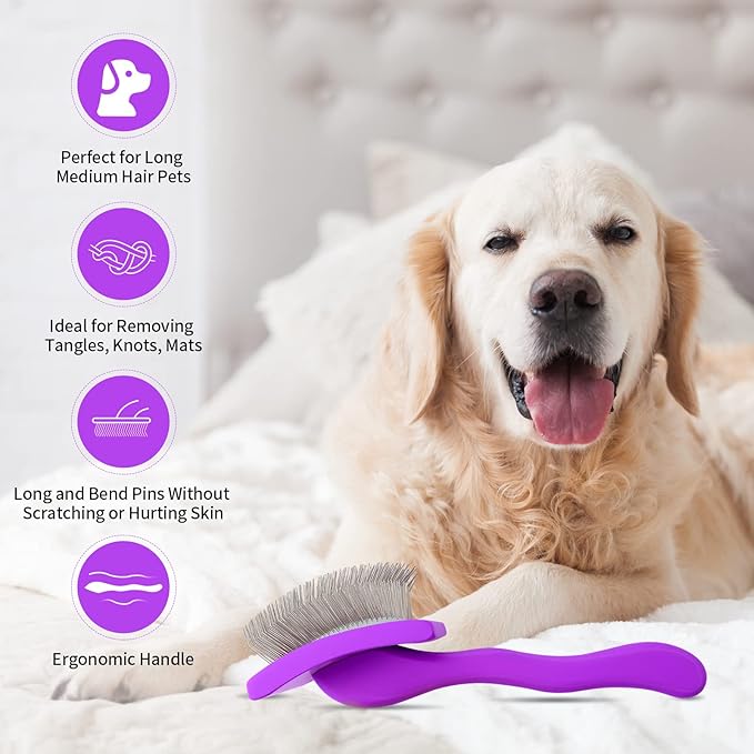 Dog Slicker Brush for Shedding and Grooming Medium or Long Haired Cats, Extra Long & Soft Pin Slicker Brush for Removes Loose Hair, Tangles, Knots, Undercoat, Free Pet Comb, Large Purple