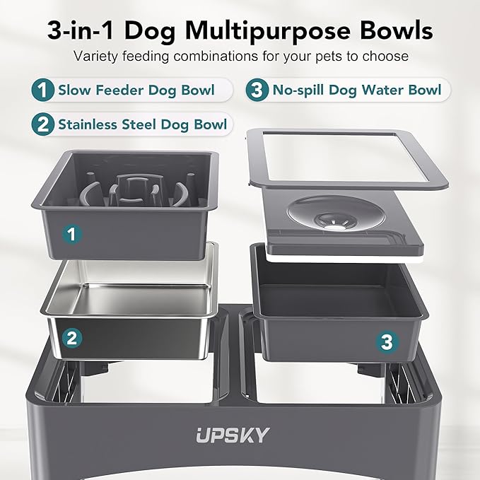 UPSKY 3-in-1 Elevated Dog Bowls Slow Feeder, Adjustable Stand, No Spill Water Dispenser, Stainless Steel Food & Water Bowl for Small Medium Dogs