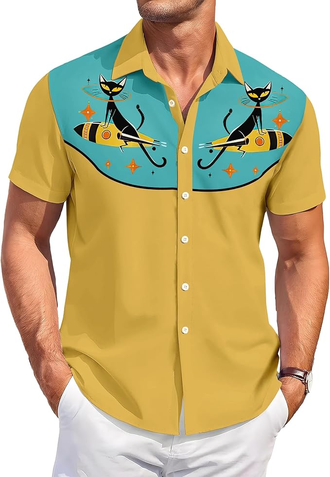 Men’s Hawaiian Shirt Western Cowboy Symmetrical Print Short Sleeve Button Down Casual Beach Holiday Summer Shirt