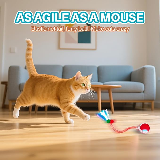 Interactive cat Toy cat Toys for Indoor Cats Agile Moving Cat Ball with Elastic Mesh Tail Automatic Kitten Toys Motion Activated Ball (Red)