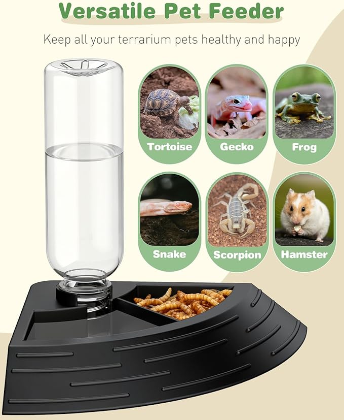 Pawfly Reptile Water Bowl, Tortoise Water Dish, Bearded Dragon Water Bowl, Reptile Food Feeder, Automatic Water Dispenser, Feeding Accessories for Turtle, Gecko, Lizard & Chameleon, Black