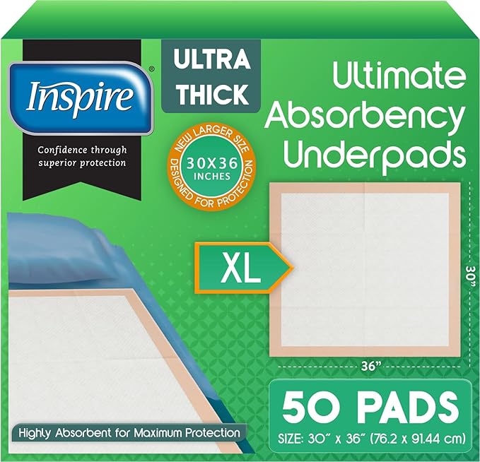 Inspire Extra Large Super Absorbent Disposable Bed Pads for Incontinence Ultra Thick and Absorbent Bed Pads Disposable Adult | Puppy Pads | Pee Pads for Adults (30" X 36" Pack of 50)
