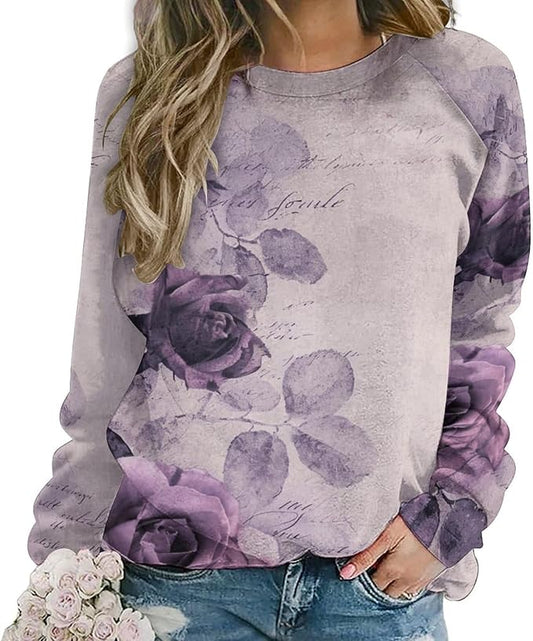 Womens Long Sleeve Tops Y2k Japanese Art Print Sweatshirts Fall Pullover for Women Crewneck Vintage Shirts Boho Tops
