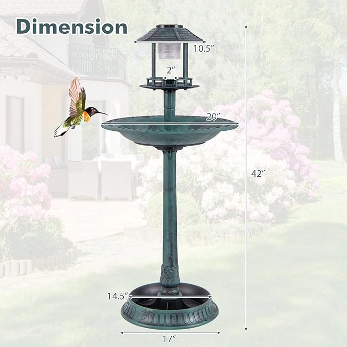 LDAILY Outdoor Bird Bath, 42'' Solar Lighted Pedestal Birdbath with Bird Feeder, 20'' Water Bowl, Flower Planters and 3 Stakes, Attract Birds, Antique Finish