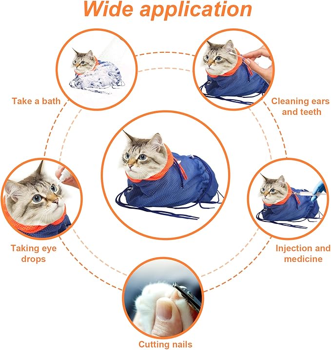 Breathable Mesh Anti Scratch Adjustable Cat Grooming Bag for Nail Trimming, Bathing - Polyester Soft Cat Washing Bag (Blue-Orange)