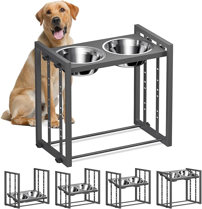 Elevated Dog Bowls for Medium Breed: 4 Height Adjustable Raised Dog Bowl Feeder Station with 2 Stainless Steel Bowls, Grey