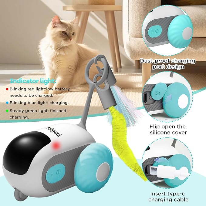 Turbo Tail 3.0 Interactive Cat Toy - Smart Remote Control Electric Mouse with Feathers, 3 Play Modes (Smart/Manual/Standby), Auto Obstacle Avoidance, Type-C, 8H Playtime - Blue (2PCS)