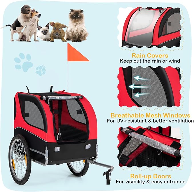 Dog Bike Trailer - HAPPAWS Dog Trailer for Bicycle, Cargo Cycle Trailers Wagon Cart Pet Bike Carrier w/ 3 Doors, Aluminum Wheels, Safety Flag, Easy to Connect&Disconnect, Collapsible to Store
