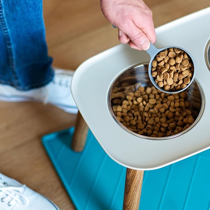 Messy Mutts Elevated Double Feeder with Stainless Bowls | Adjustable Height 3”, 5”, or 10” | Adjustable Standing Feeder for Dogs | 5 Cups per Bowl | Light Grey with Faux Wood Legs