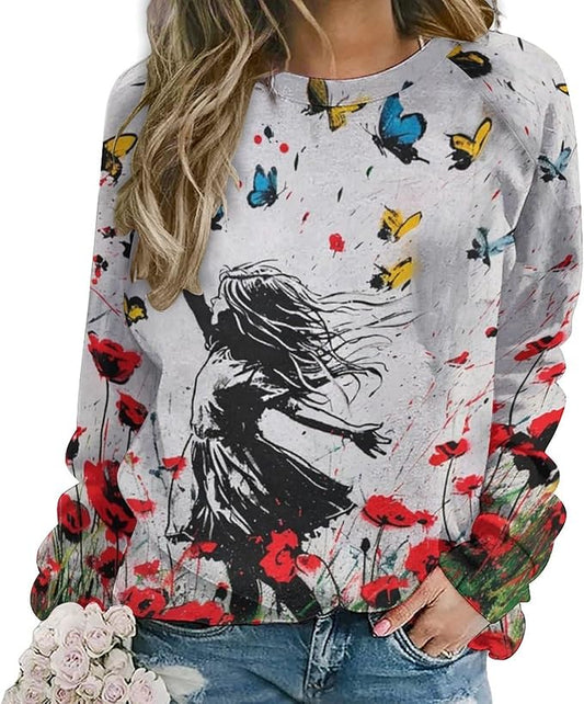 Long Sleeve Shirts for Women Cat Oil Painting Shirt 3D Graphic Sweatshirts Fall Pullover Crewneck Vintage Boho Tops