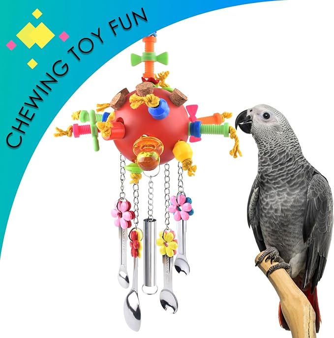 KATUMO Parrot Toys - Colored Chew Toys & Bird Spoons for Amazon Parrot, African Grey, Conure, Caique, Quaker, Small Cockatoo, Mini Macaw, Eclectus & Similar Small Medium Birds