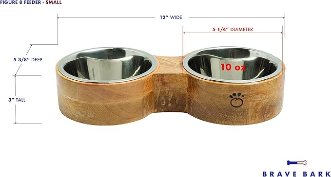 Luxury Elevated Dog Bowl Set - Mango Wood Stand with 2 Stainless Steel Food & Water Bowls - Raised Pet Feeder with Non-Slip Base, Modern Design for All Dog Sizes, Small 10oz