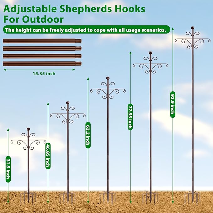 Bird Feeder Pole for Outdoors Heavy Duty Squirrel Proof, 2 Pack 92 Inch Adjustable Tall Shepherds Hooks for Outdoor with 7 Prongs Base, Double Shepherd Hooks (2 Pack Copper, 92 Inch)