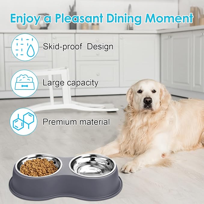 Dog Bowls Large Double Dog Water and Food Bowls Stainless Steel Bowls with Non-Slip Resin Station, Pet Feeder Bowls Food Dish for Small Medium Large Dogs Cats