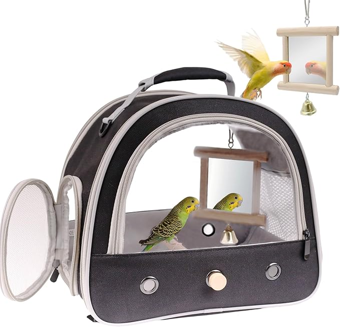 Parrot Travel Cage Carrier with Bird Cage Bells Mirror Set,Portable Small Bird Parakeet Bag with Standing Perch and Comfy Mat Bird Carry Transport Bag with Clear Window Outdoor Adventure