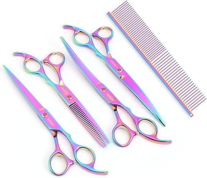 7.0in Titanium Professional Pet Grooming Scissors Set, GEMEK 6 in 1 Straight & Thinning & Upwards Curved & Downwards Curved Scissors & Comb for Dogs, Cats (Rainbow)