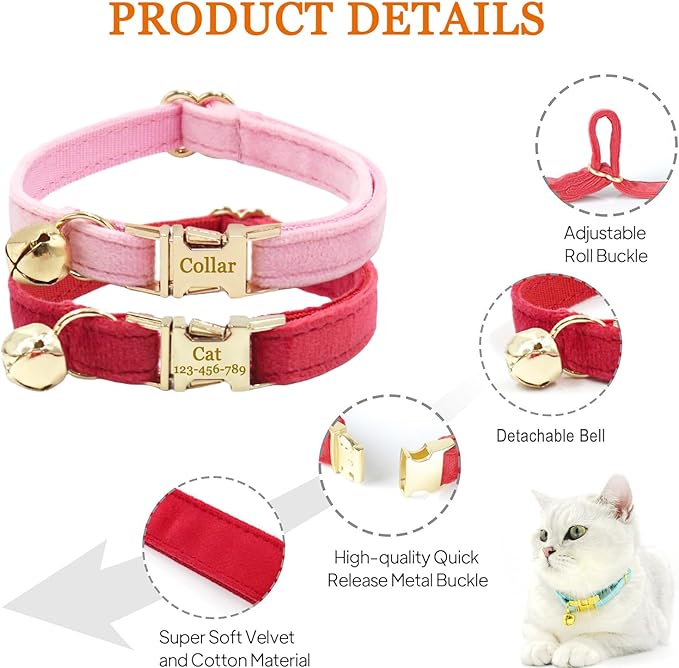 Personalized Cat Collar with Bells,Velvet Customized Small Cat Collar with Name Tag,Pet Collar with Name Phone Number Engraved ID Tags for Boy and Girl Kitten Cats (Cream)