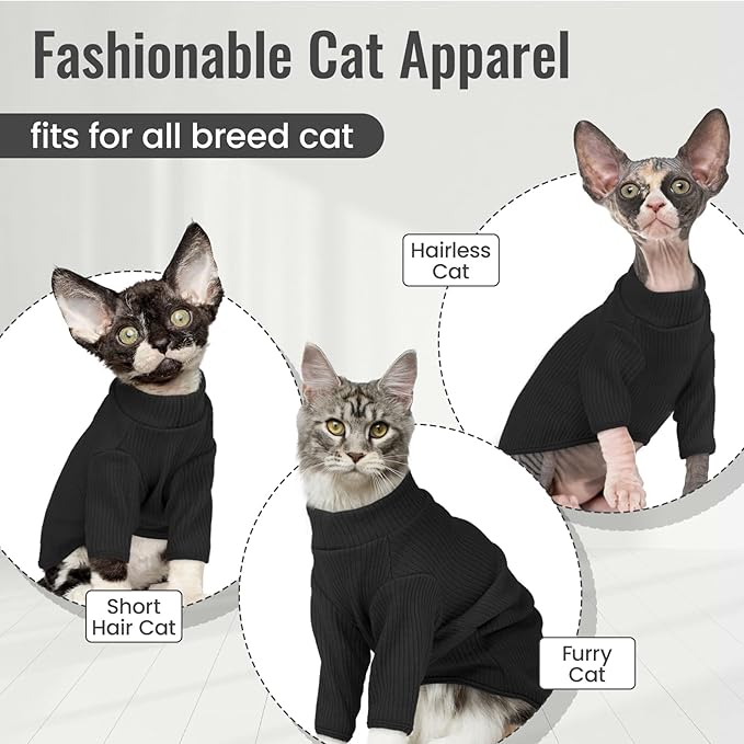 DENTRUN Sphynx Hairless Cats Shirt Pullover Kitten T-Shirts, Breathable Cat Wear Turtleneck Sweater Adorable Cat's Clothes Vest Pajamas Jumpsuit