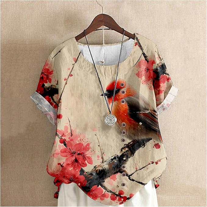 Japanese Print Women Summer Shirts Flower Bird Graphic Plus Size Tunic Tops Crewneck Short Sleeve Blouses