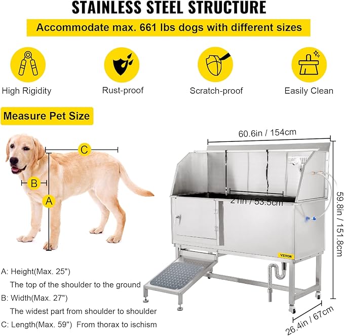 VEVOR Dog Grooming Tub, 62" L Pet Wash Station, 304 Stainless Steel Pet Grooming Tub Rated 661LBS Load Capacity, Non-Skid Dog Washing Station Comes with Ramp, Faucet, Sprayer and Drain Kit