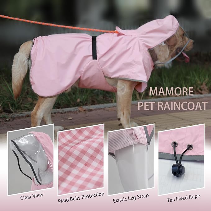 Waterproof Dog Raincoat, Reflective Adjustable Hooded Dog Rain Coat, Lightweight Breathable Pet Rain Jacket Poncho Double Layer with Leash Hole for Small Medium Large Dogs (Pink, Medium)