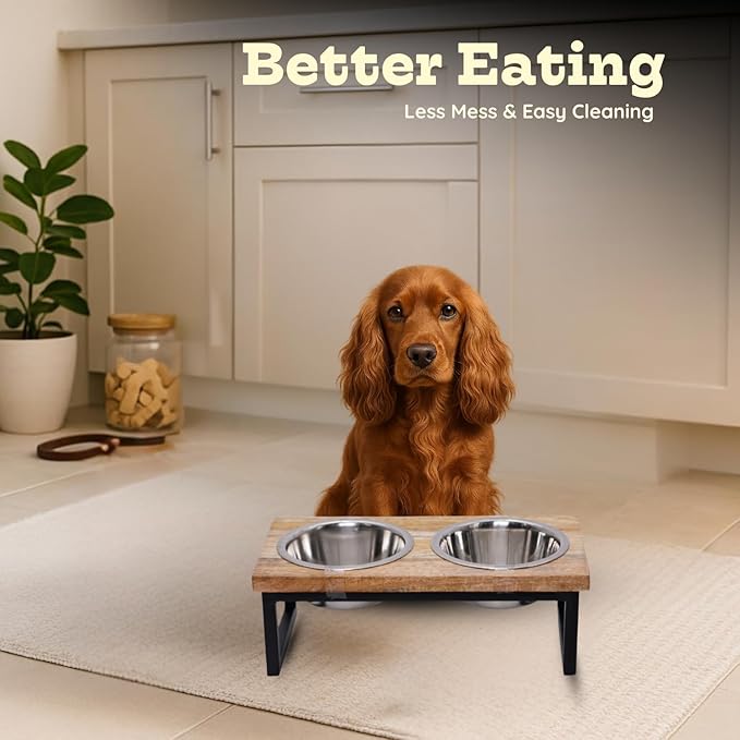 Elevated Dog Bowls, Medium 6 Height Mango Wood Raised Dog Bowl Iron Stand with 2 Pcs 64 oz Stainless Steel Pet Dishes | Food & Water 8 Cup / 1.9 L Capacity Nonslip Cats Feeding Station
