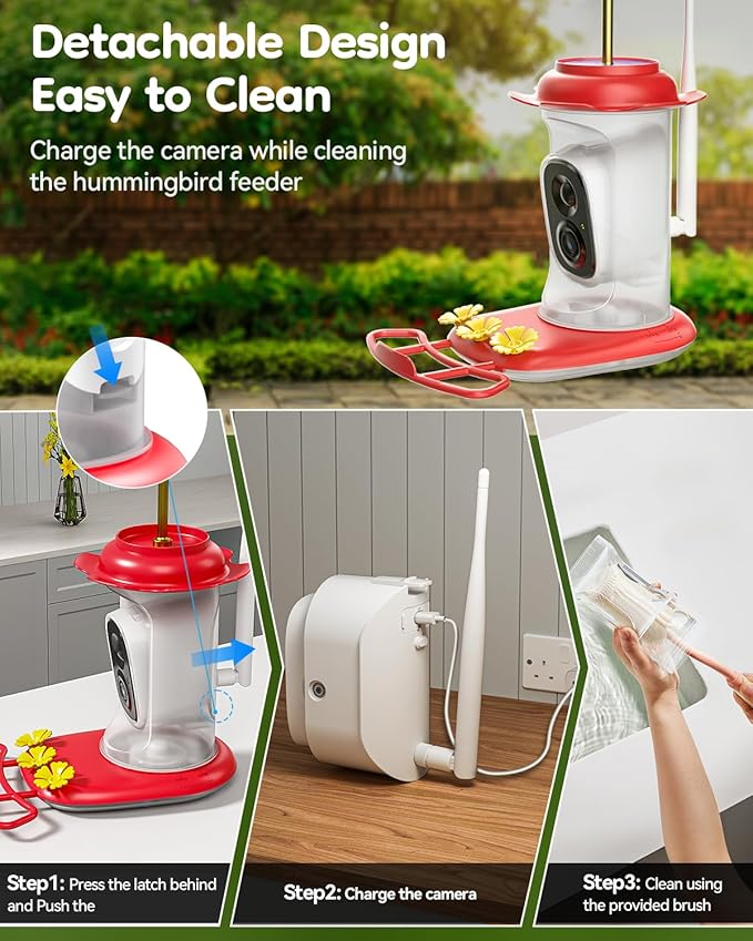 LongPlus® Solar Hummingbird Feeder with Camera for Outdoors,Smart Bird Camera with 2K Live Video,Ant Guard Pole Base,AI Bird Identify,Ant Moat,Bee Proof with 3 Feeding Ports, Ideal