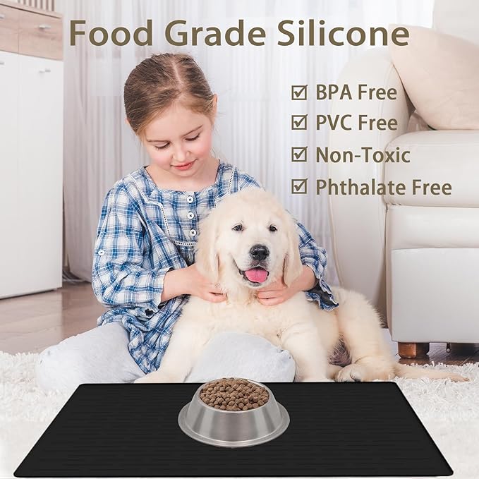 Extra Large Pet Food Mat for Dogs, 32''x24'' Waterproof Dog Feeding Mat, Non-Slip Silicone Dog Bowl Mat for Floors, Easy Clean Pet Water Mat Tray (Dark Green)