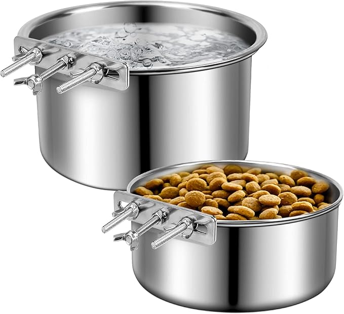 Stainless Steel Dog Bowls, ShineMe 40oz & 60oz No Spill Dog Crate Water and Food Bowls with Hanging Hook for Kennel, Cage and More, 7.0 x 3.7” & 6.2 x 2.5” Feeder Dish for Large and Medium Dogs