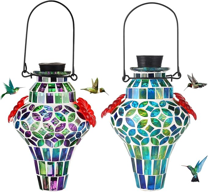 VOREEN Mosaic Glass Hummingbird Feeders for Outdoors Hanging, Hand Blown Hummingbird Feeders, Porch Garden Backyard Decor, Decorative Gift for Mom Wife Friend, 2pcs, Blue and Purple