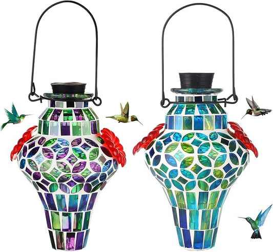 VOREEN Mosaic Glass Hummingbird Feeders for Outdoors Hanging, Hand Blown Hummingbird Feeders, Porch Garden Backyard Decor, Decorative Gift for Mom Wife Friend, 2pcs, Blue and Purple