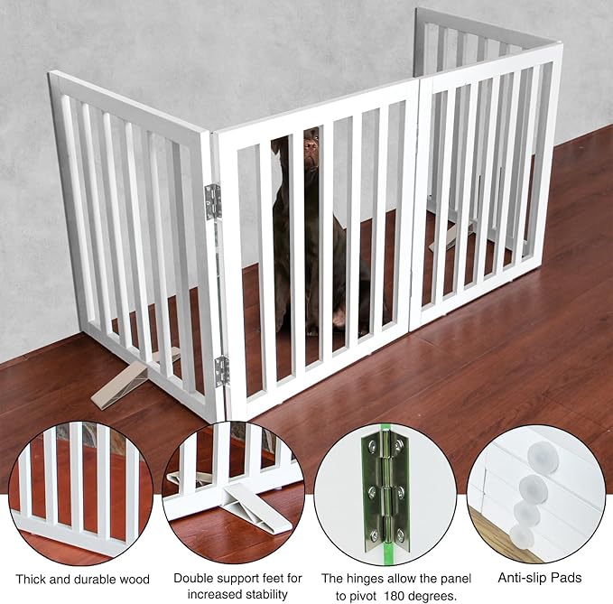 ZJSF Freestanding Indoor Dog Gate for House Foldable Wood White Puppy Gate for Doorways Pet Gate for Stairs Extra Wide Pet Fence 24" Height 4 Panels
