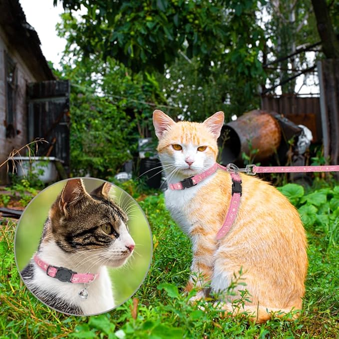 PAWCHIE Cat Harness with Leash and Collar Set - Escape Proof Adjustable H-shped Cat Harness with Star and Moon Pattern Glow in The Dark for Kitty Outdoor Walking