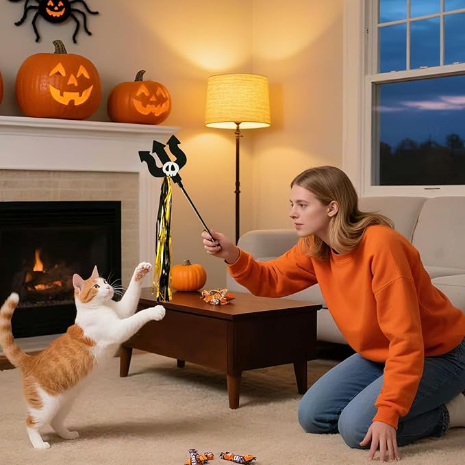 Halloween Cat Teaser Wand, 2 Pack Interactive Cat Wands Toys with Pumpkin Witch Spider and Trident Skull Tassels, Fun Exerciser for Kittens and Cats