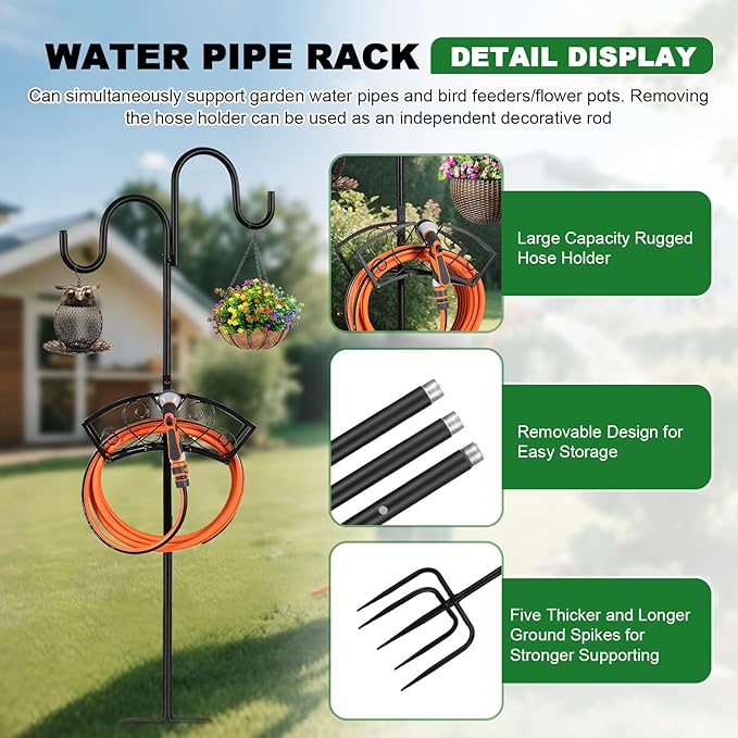 Double Shepherds Hooks for Outdoor, Upgraded Heavy Duty Bird Feeder Pole, Freestanding Hose Stand Adjustable Water Hose Holder with 5 Prongs Base, Thickened Garden Hooks for Outside Yard Lawn