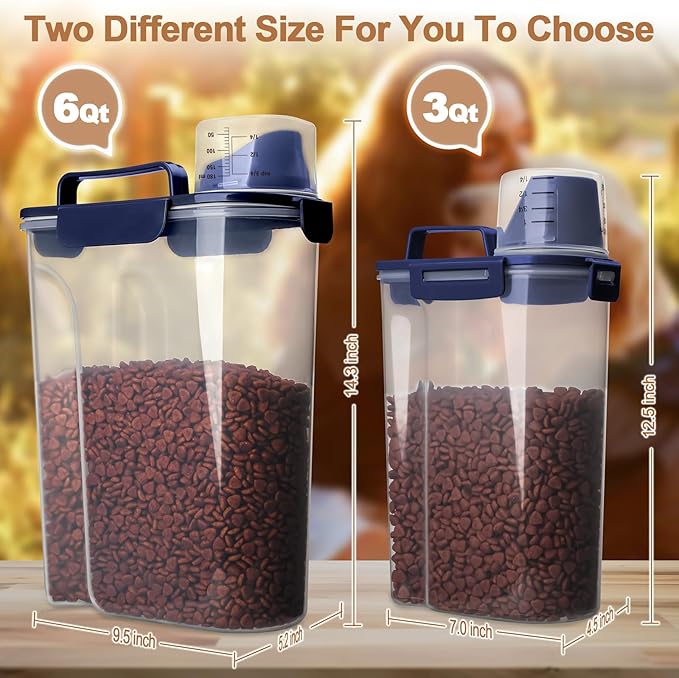 Dog Food Storage Container, 5-7 Lbs Airtight Pet Food Container, Cat Food Container Dispenser with Portable Handle, Pouring Spout and 4 Seal Buckles for Dogs Cats 2 Pack Blue