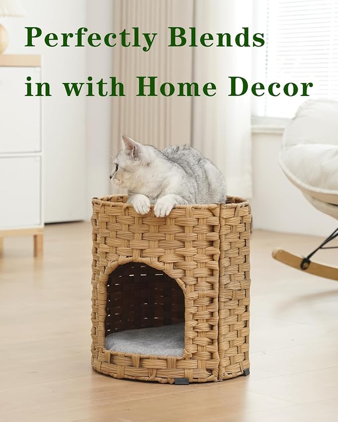 Cat House for Indoor Cat, Small Cat Houses Handwoven PE Rattan Kitten Cave, Pet Kitten Bed Covered, One Bed Pad, 13 x 13 x 13.7 Inches, Foldable Hideaway in Living Room Gray