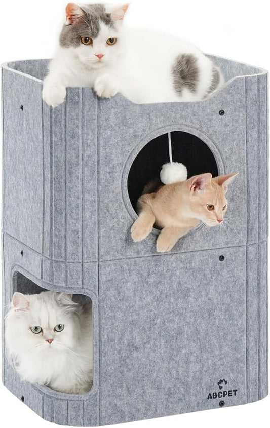Cat House for Indoor Cats Large Cat Bed Cave 2-Storey Cats Condo with Cozy Felt Covered Hideaway for Multiple Pets Gray
