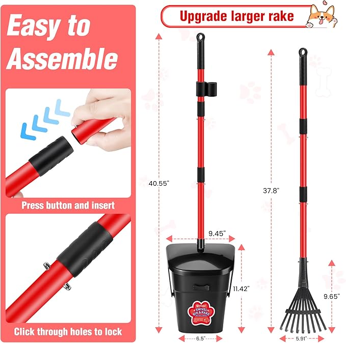 Pooper Scooper Swivel Bin and Rake with 60 Waste Bags, Heavy Duty Dog Poop Scooper for Large Medium Small Dogs, Long Stainless Steel Handle Use on Yard, Grass, Dirt or Gravel