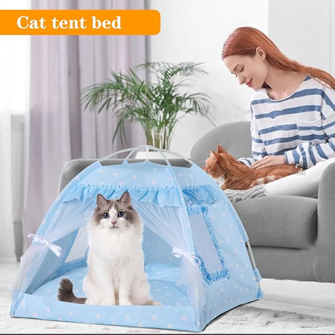Cat Princess Bed Tent House - Kitty Cute Beds Indoor,Small Dog House Indoor/Outdoor Cave Nest Bed Small Dog Tent for Cat,Puppy Tents (15.7"x15.7"x14.5"/Blue)